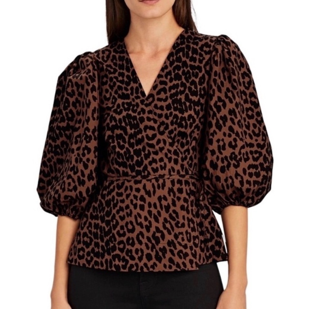 Ganni- Leopard Puff Sleeve Wrap Shortsleeve Shirt